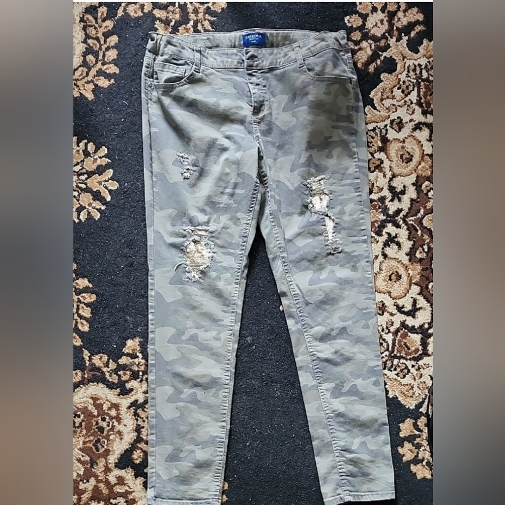 Arizona Girl's Plus Camo Green Distressed Jeans; 20.5 Plus